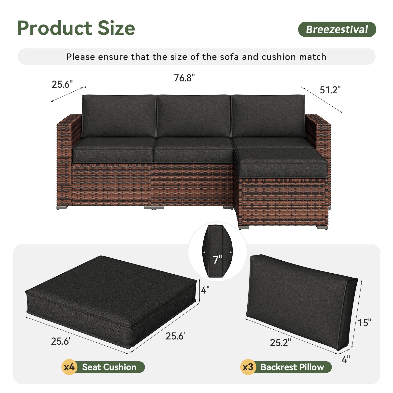 Breezestival Replacement Cushions for Outdoor Furniture, 7-Piece Outdoor Cushions for Patio Furniture, Deep Seat, Waterproof & Fade Resistant Couch Cushion for 4-Seat Patio Conversation Sets, Grey