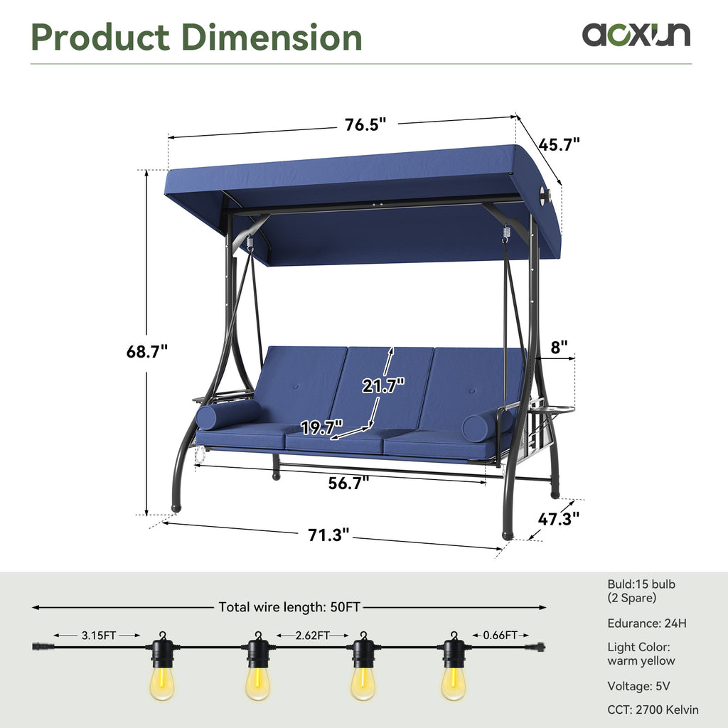 Aoxun Outdoor Porch Swing with Stand and Canopy, 3 Seats Outdoor Swings for Adults, Convertible 2 in 1 Swing Bed with Cup Holder, Patio Swings with Thicken Cushions for Garden, Yard & Balcony