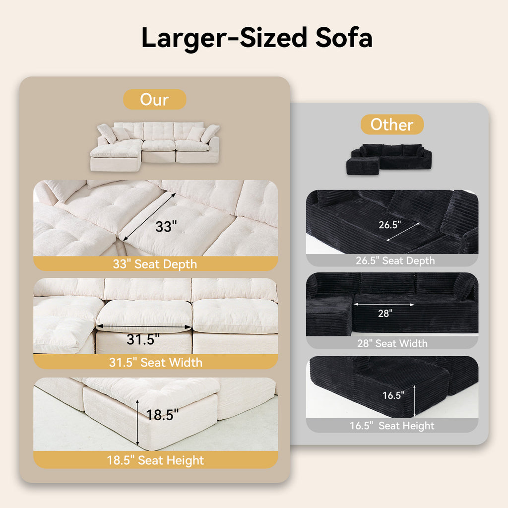 Nordivale 112" Boneless Couch Chenille Cloud Couch Oversized Modular Sectional Sofa with Storage Pockets for Living Room, Bedroom, No Assembly Required, L-shape with Ottoman+3 Seater (Beige)