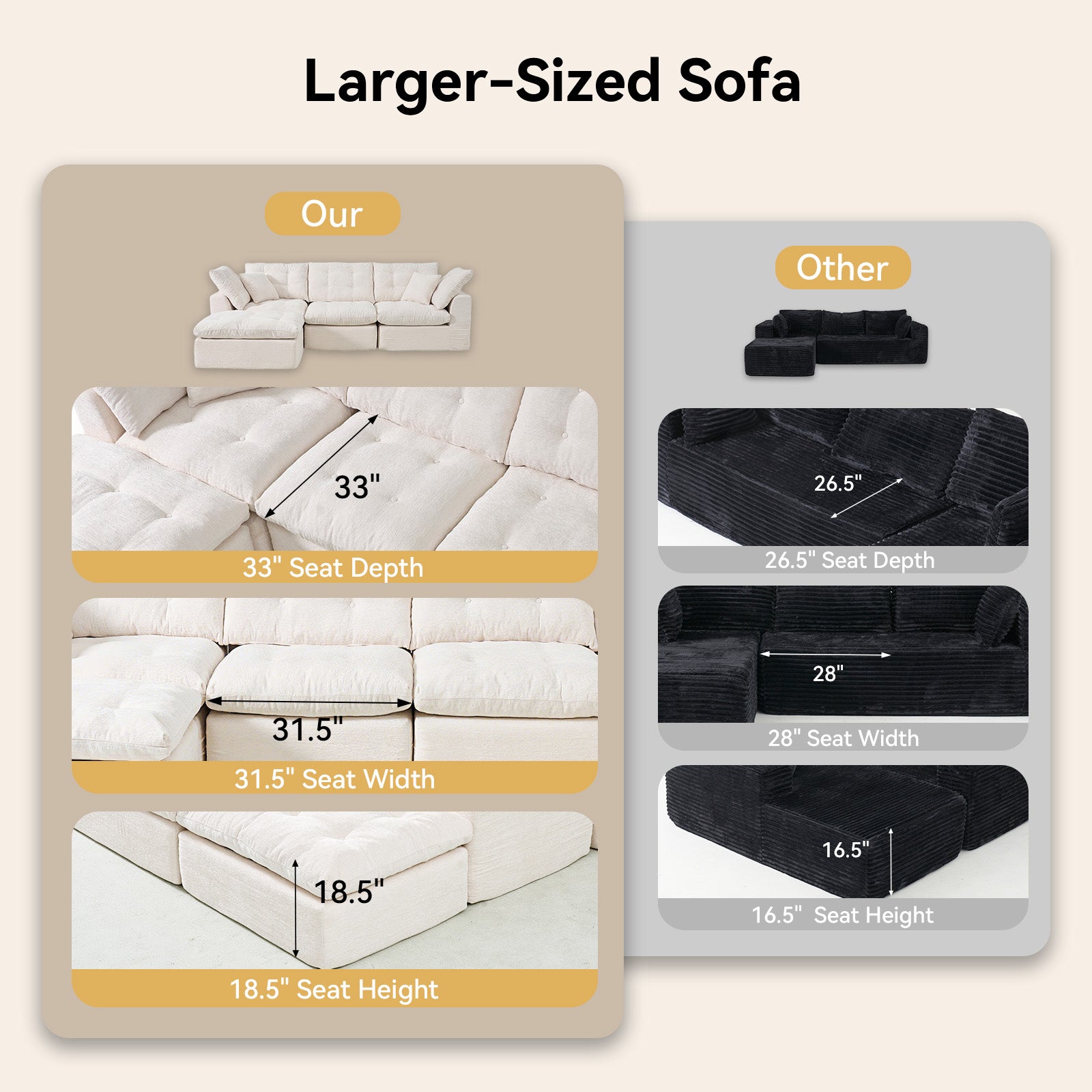 Nordivale 112" Boneless Couch Chenille Cloud Couch Oversized Modular Sectional Sofa with Storage Pockets for Living Room, Bedroom, No Assembly Required, L-shape with Ottoman+3 Seater (Beige)