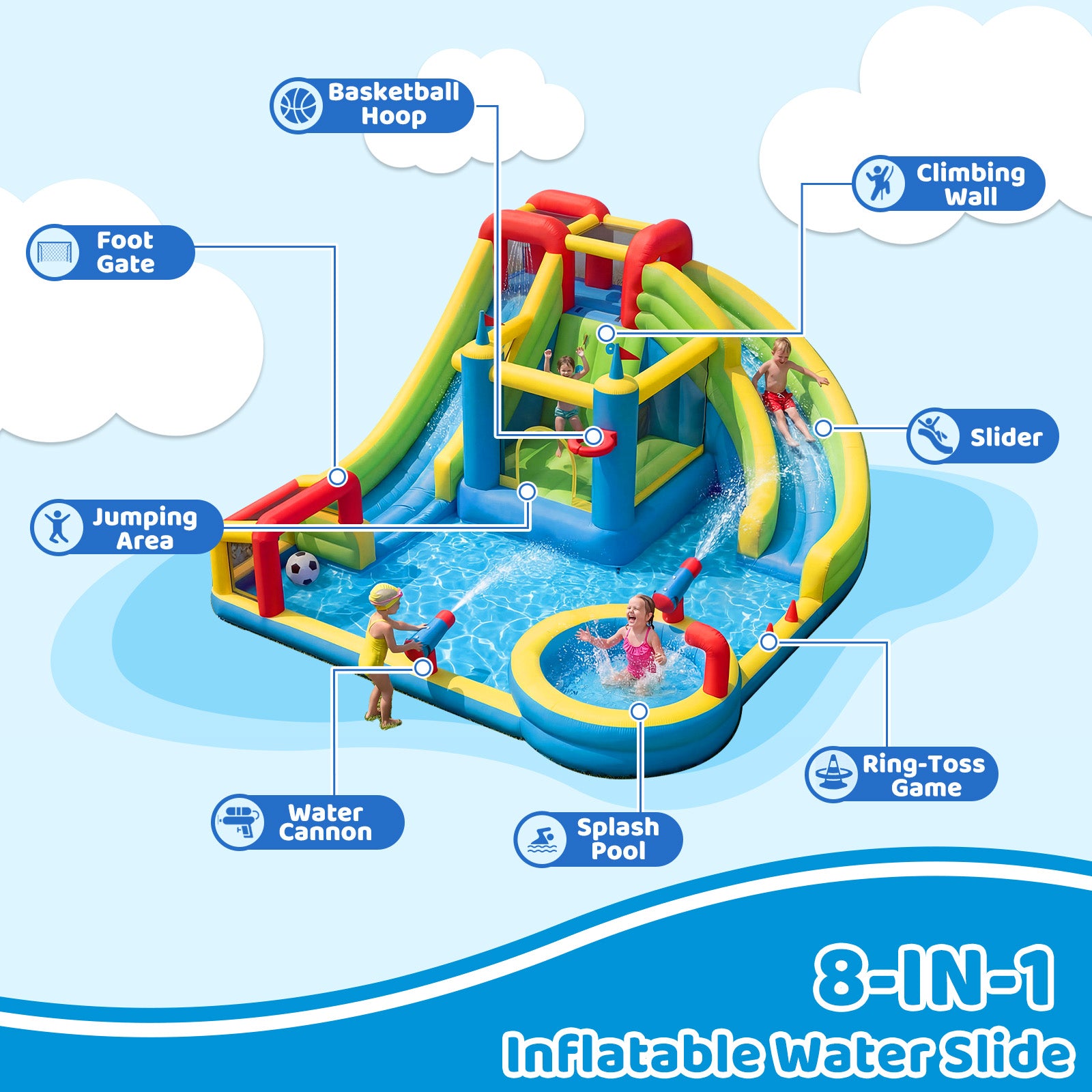 SunSwell Inflatable Water Slide for Kids Backyard with 450W Blower, Jumping Castle with Water Slide, Water Park Bounce House for Indoor and Outdoor Activities