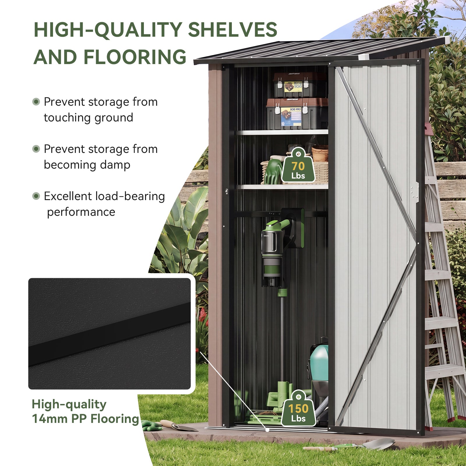 Aoxun Outdoor Storage Cabinet Shed - Vertical Cabinet with Floor, 2 Adjustable Shelves & Lockable Doors, Waterproof Small Tool Shed, for Backyard Garden Patio Lawn Indoor, Brown