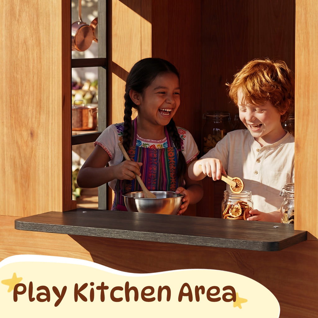 Outdoor Playhouse - Modern Fir Wooden Playhouse for Kids Outdoor with Play Kitchen, Outside Table, Chalkboard, Half Door, Windows, Flower Box, Indoor Outdoor Imaginative Play for Ages 3-8,