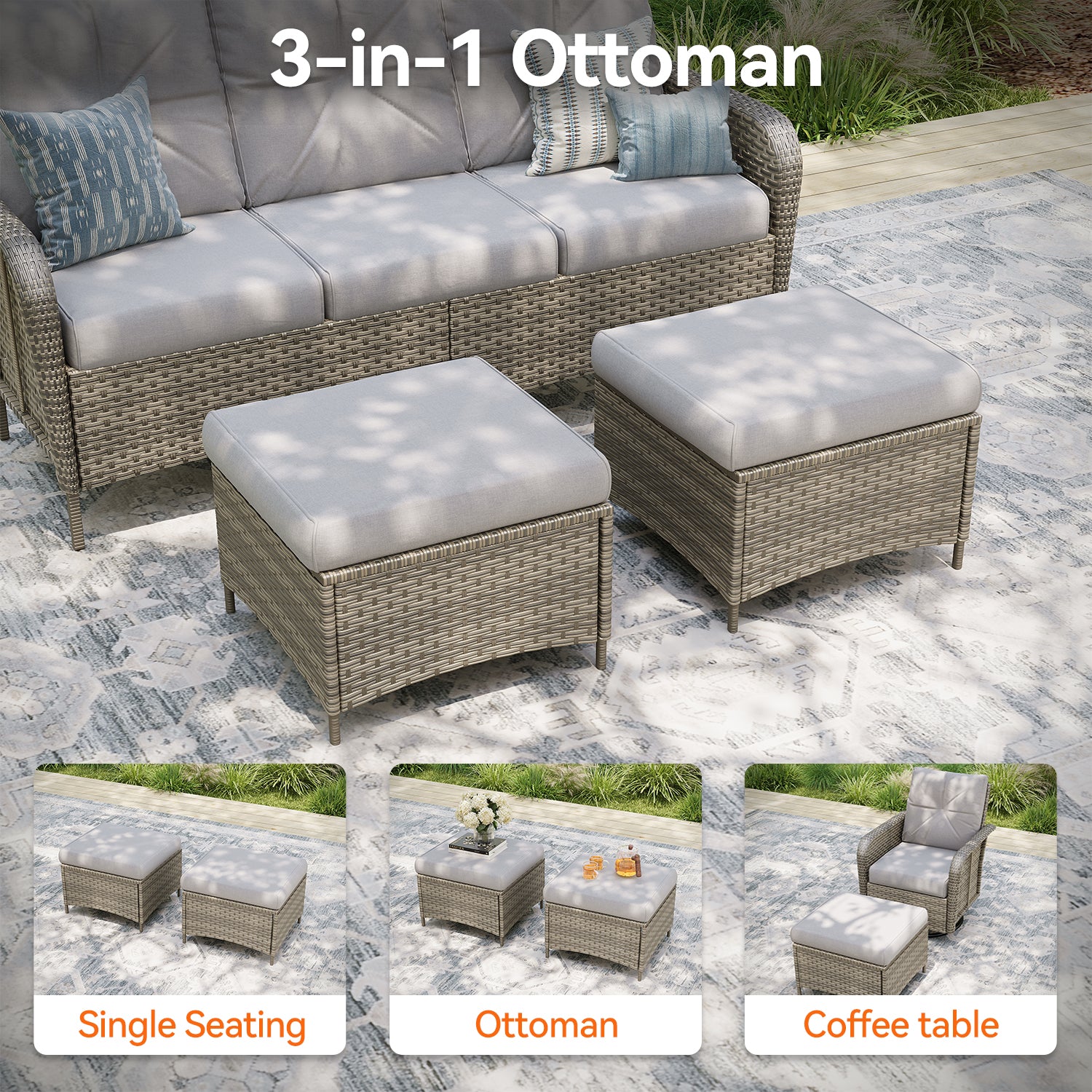 Aoxun Luxury 12-Piece Patio Furniture Set with 44'' Fire Pit Table, 360° Swivel Chairs, Wicker Rattan Sofa & Thick Cushions, Outdoor Conversation Set for Backyard, Poolside & Garden, Beige/Gray