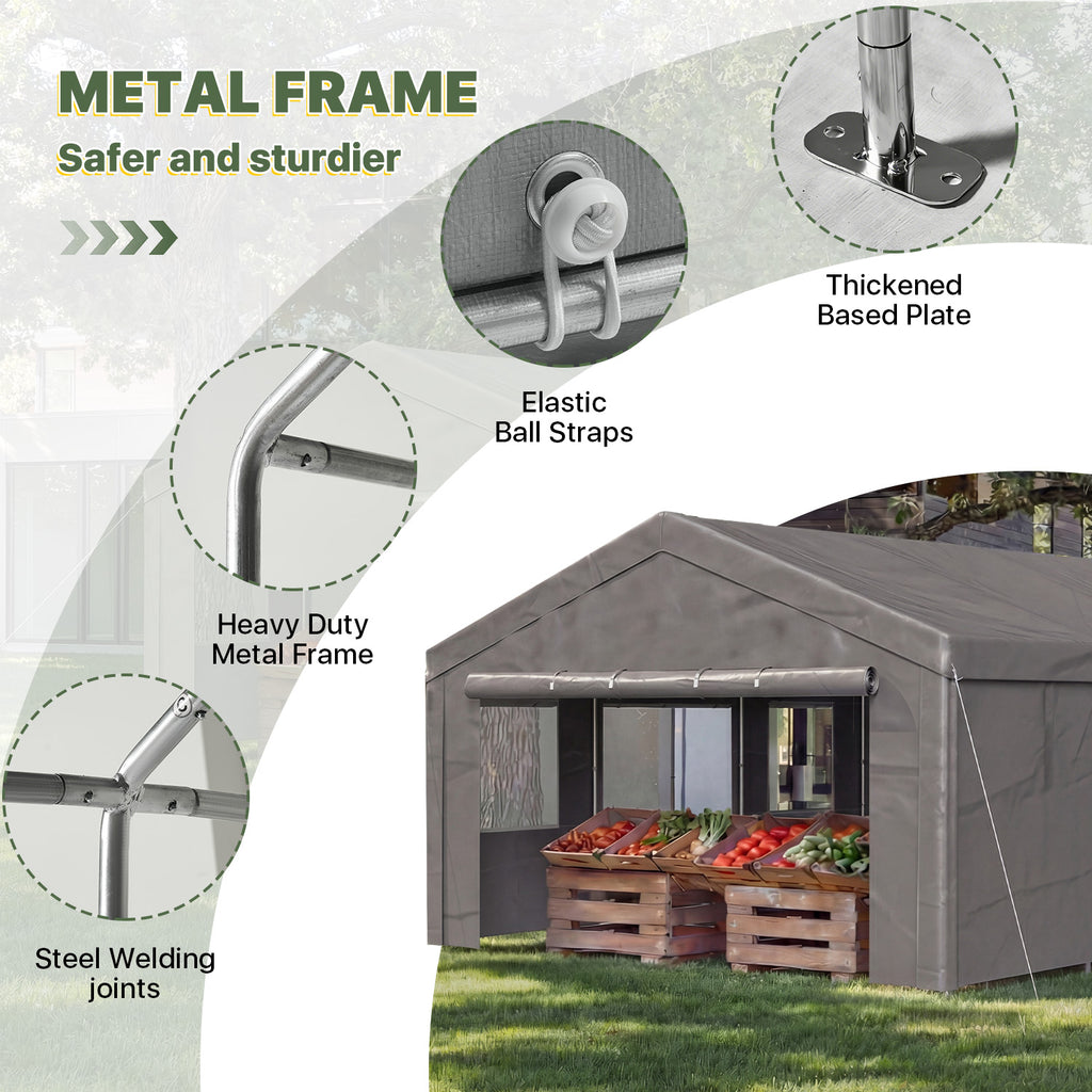 Aoxun Carport 12X20 ft Heavy Duty Carport with Roll-up Windows, Portable Garage Car Canopy with Removable Sidewalls & Doors for Car, Truck, SUV, Boat, Grey