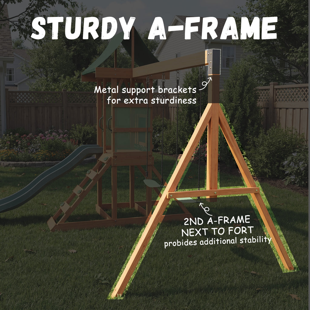 Binplax Wooden Swing Sets for Backyard,Outdoor Playset, Kids Playground Set with 6 FT Wave Slide, Rock Wall Ladder, 2 Belt Swings, Chalkboard, Canopy Roof, Green