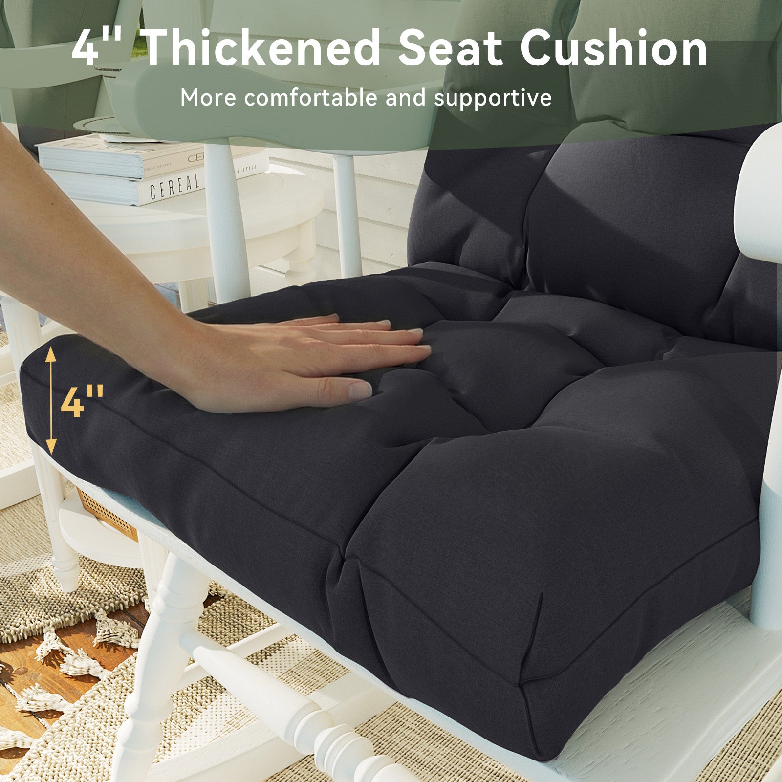Aoxun Adirondack Chair Cushion, Indoor/Outdoor Rocking Chair Cushion with Ties, Thickened High Back Patio Chair Cushions with High Elasticity PP Cotton Water-Resistant, 2-Pack, Grey