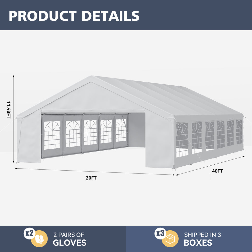 Binplax Party Tent 40x20 Canopy Heavy Duty, Waterproof Outdoor Event Tent with Removable Sidewalls & Roll-Up Door, Portable Carport for Wedding, BBQ, Camping, Birthday Party