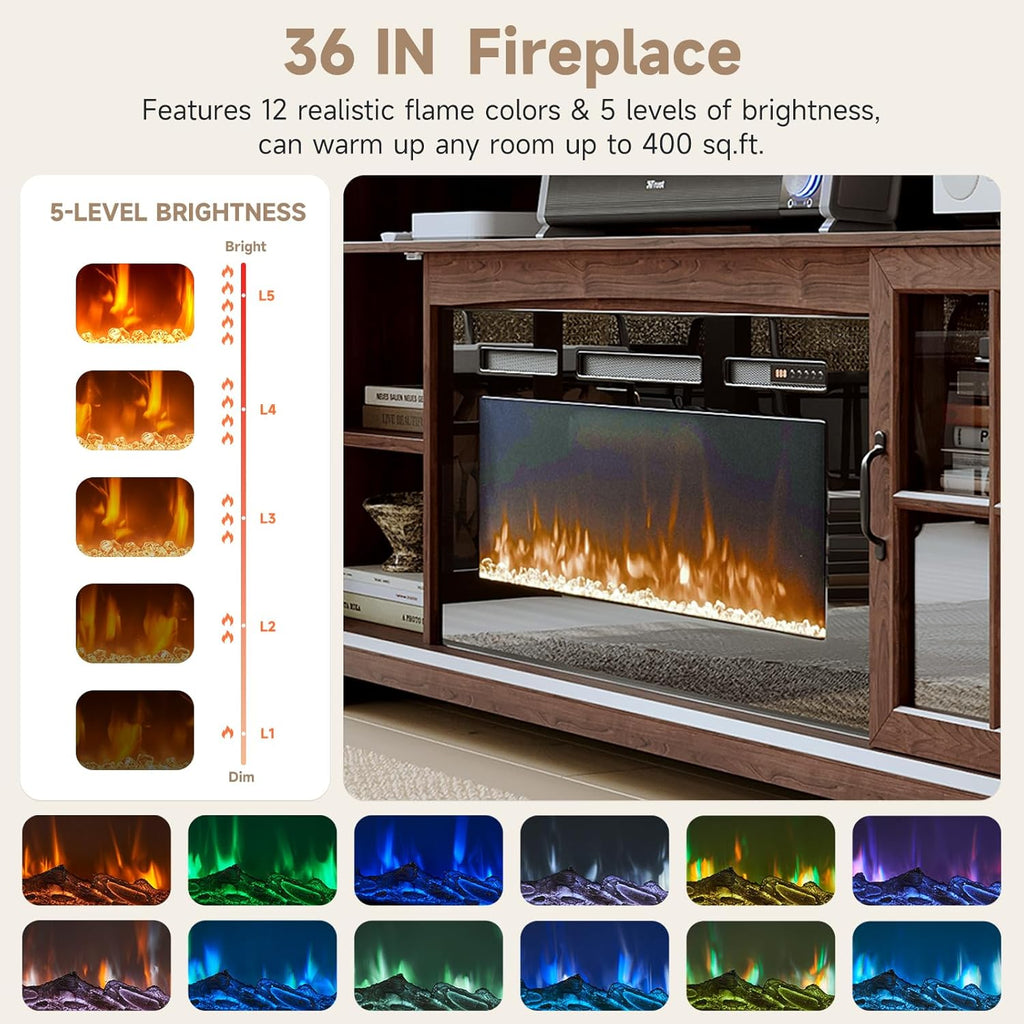 Nordivale 70" Fireplace TV Stand, Modern Entertainment Center for TVs Up to 80”, TV Console with Storage Cabinets, Media Console for Living Room, Brown TV Stand and Black Fireplace