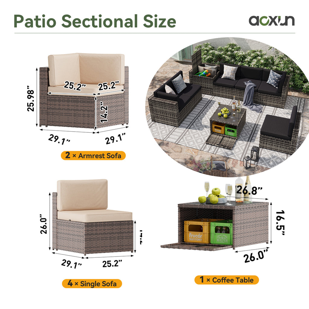Aoxun 7 Piece Patio Furniture Set, All-Weather Wicker Outdoor Furniture 6 Seats Patio Conversation Sets with Storage Coffee Table, Outdoor Sectional Sofas for Backyard Garden(Brown/Khaki)