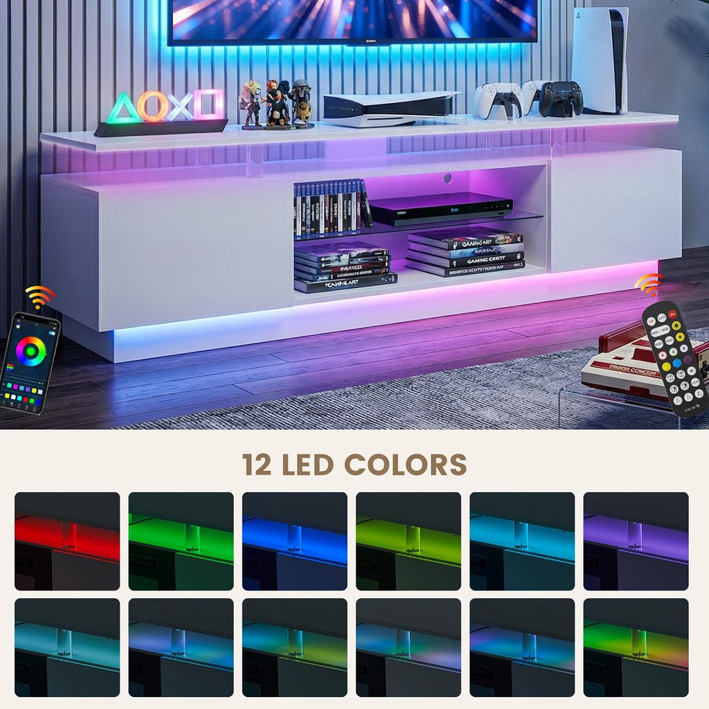 Breezestival 70 Inch High-Glossy TV Stand with 2 Side Cabinets, Modern Stylish TV Console with 3 Layer LED Lights,Modern Entertainment Center with Adjustable Glass Shelf, Remote&APP Control, White