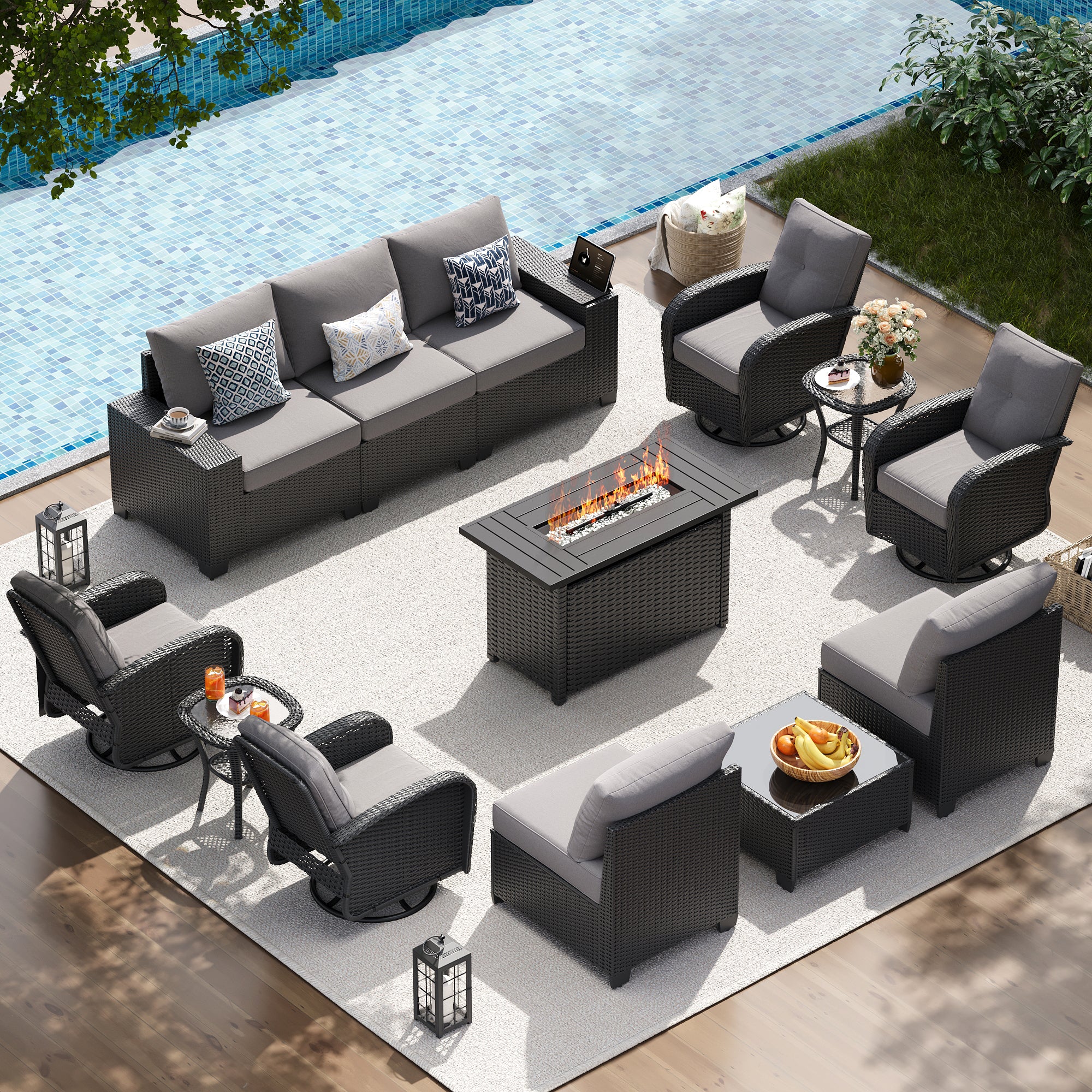 LazySunsets Patio Furniture Set, Outdoor Sectional All-Weather Wicker Conversation Set with Swivel Rocker Chairs, 4'' Thick Cushions for Backyard Poolside
