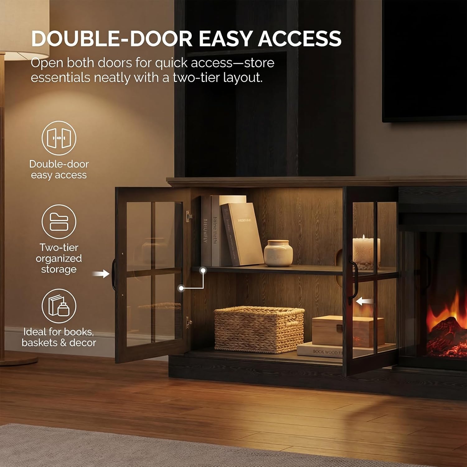 Breezestival Black Farmhouse TV Stand with Fireplace, Entertainment Center, 98" Wall Unit Media Console with Bookshelf, Cabinet &amp; Power Outlets &amp; Barn Doors, Fits TVs Up to 75” for Living Room