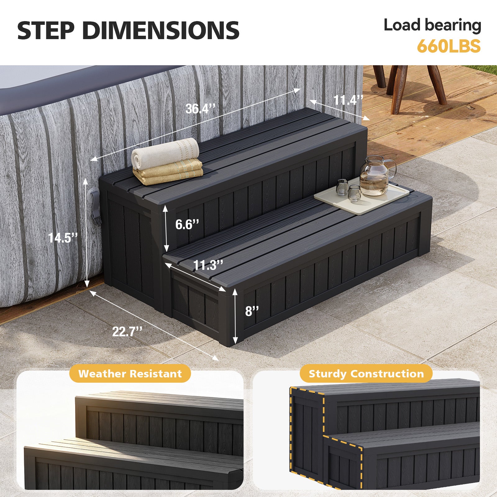 SunSwell Universal Hot Tub Steps Outdoor Spa Stairs with Storage Compartment, Non-Slip Sturdy Waterproof Heavy Duty Porch Step, Wood Looking Indoor Outdoor Use, 600LBS Weight Capacity