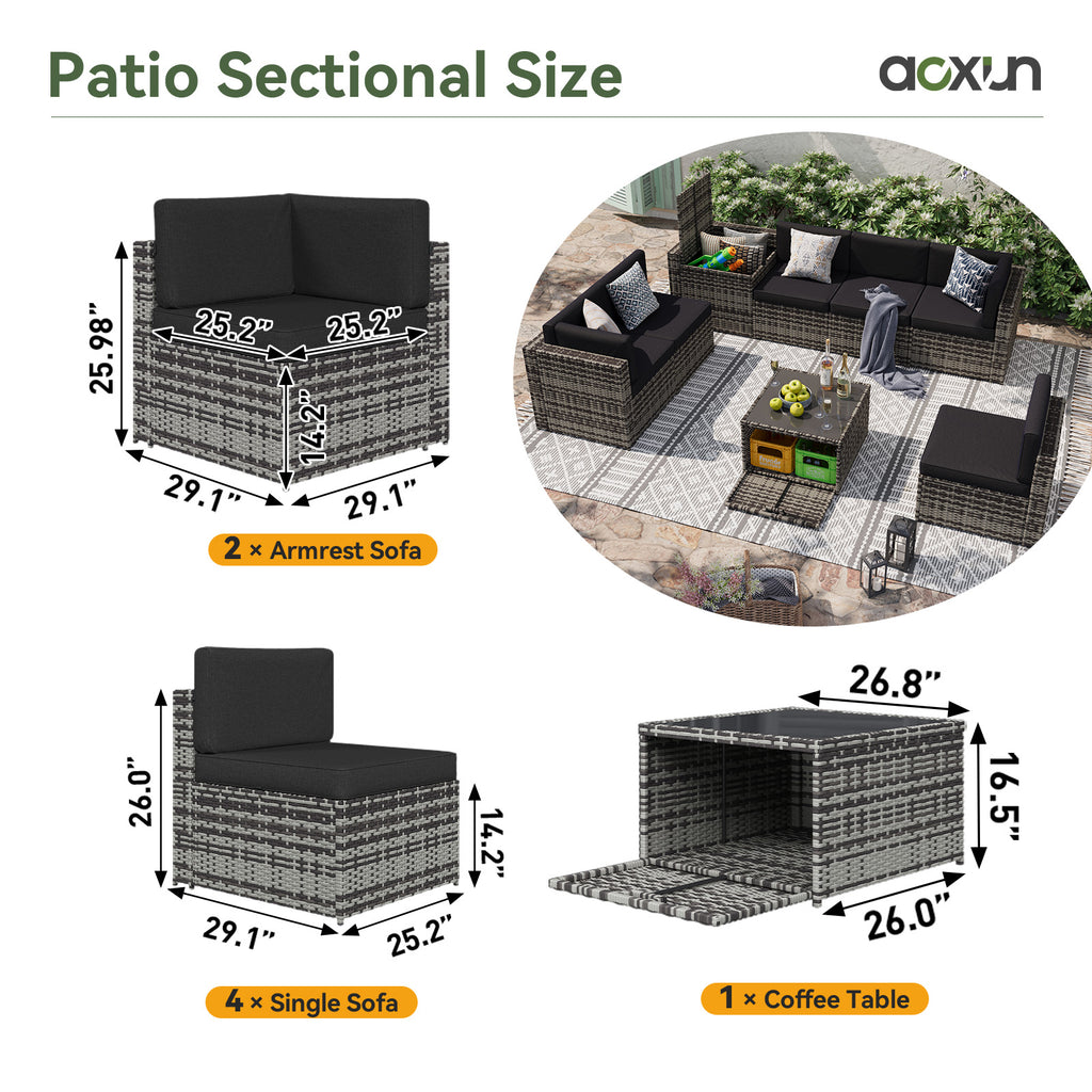 Aoxun 7 Piece Patio Furniture Set, All-Weather Wicker Outdoor Furniture 6 Seats Patio Conversation Sets with Storage Coffee Table, Outdoor Sectional Sofas for Backyard Garden(Brown/Khaki)