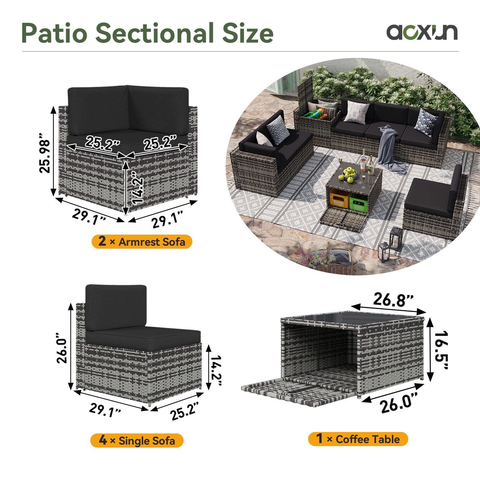 Aoxun 7 Piece Patio Furniture Set, All-Weather Wicker Outdoor Furniture 6 Seats Patio Conversation Sets with Storage Coffee Table, Outdoor Sectional Sofas for Backyard Garden(Brown/Khaki)
