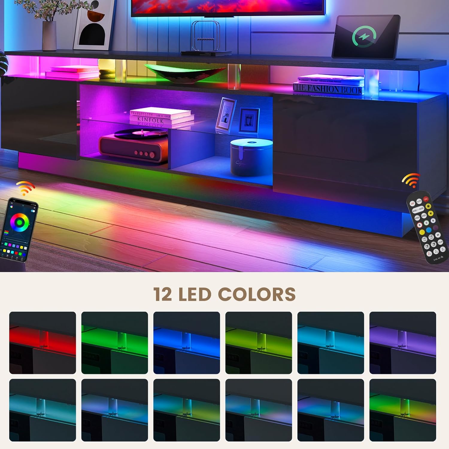 Nordivale 80” High-Glossy TV Stand with 2 Side Cabinets, Storage Entertainment Center, Modern Stylish TV Console with 3 Layer LED Lights&Power Outlets,Remote&APP Control for Living Room Use Black
