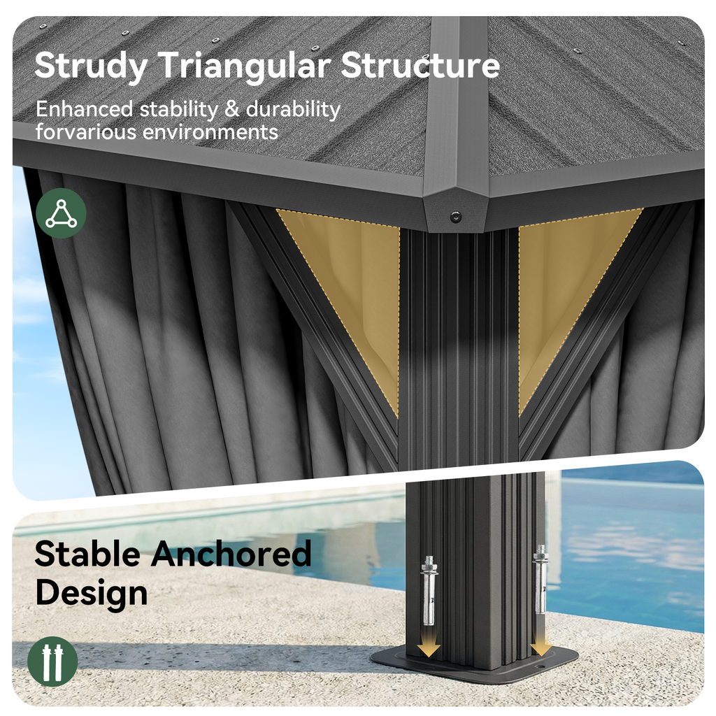 BinpLax 14x10FT Outdoor Gazebo - Hardtop Pergolas for Patios with Curtains and Netting Included, Permanent Gazebo Pavilion with Double Galvanized Steel Roof for Party, Outdoor Dining, Wedding, Gray