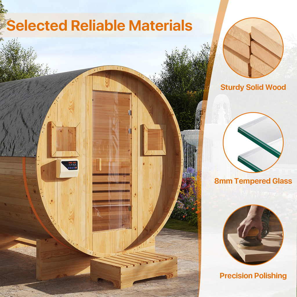Aoxun Outdoor Barrel Sauna, 4-6 Person Tradition Wood Dry＆Steam Sauna with Sauna Stone, 220V/6KW Electric Heater