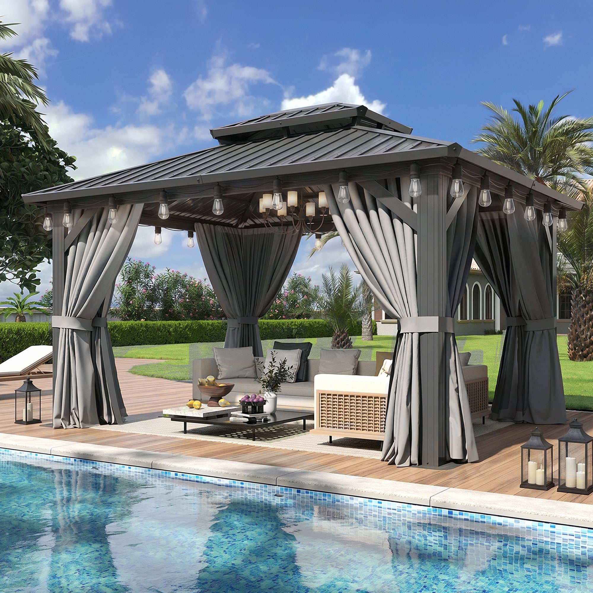 Aoxun 10'x12' Hardtop Gazebo with Handing Lights, Outdoor Gazebo with Galvanized Steel Double Roof, Patio Gazebo with Breathable Netting & Privacy Curtain, Decor Hooks for Backyard, Gray