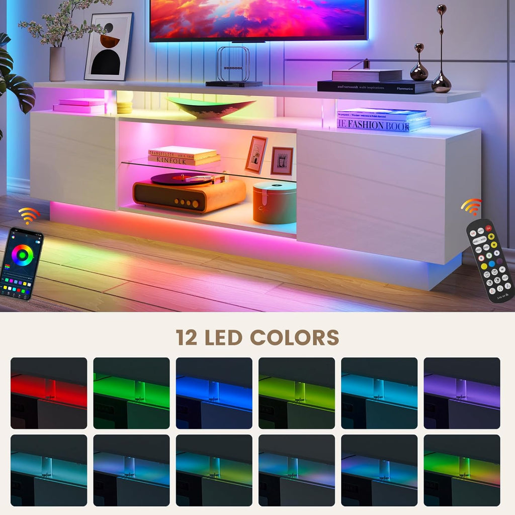 Nordivale 70” High-Glossy TV Stand with 2 Side Cabinets, Modern Stylish TV Console with 3 Layer LED Lights,Gaming TV Media Console with Adjustable Glass Shelf, Remote&APP Control, White