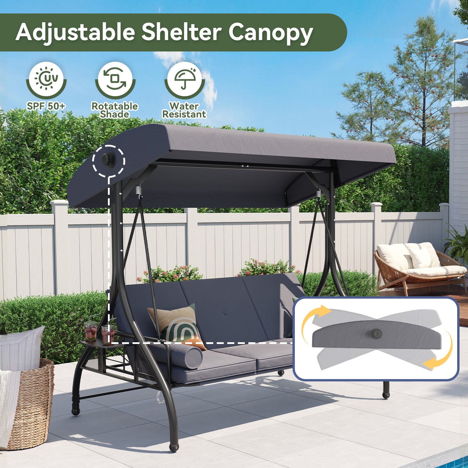 Aoxun Outdoor Porch Swing with Stand and Canopy, 3 Seats Outdoor Swings for Adults, Convertible 2 in 1 Swing Bed with Cup Holder, Patio Swings with Thicken Cushions for Garden, Yard & Balcony