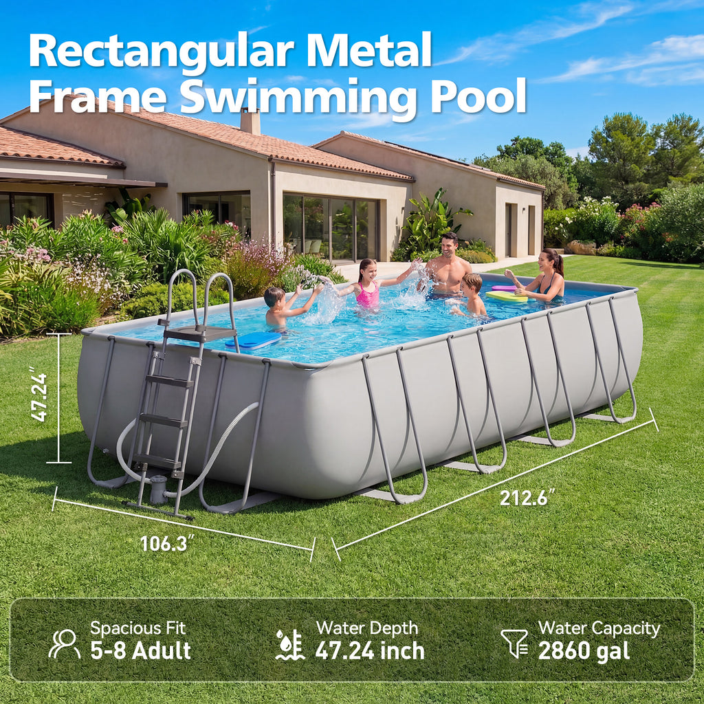 SunSwell 20' x 11' x 47" Rectangular Frame Pool Set with Removable Ladder and Sand Filter Pump, Large Swimming Pool for Backyard and Family, Gray