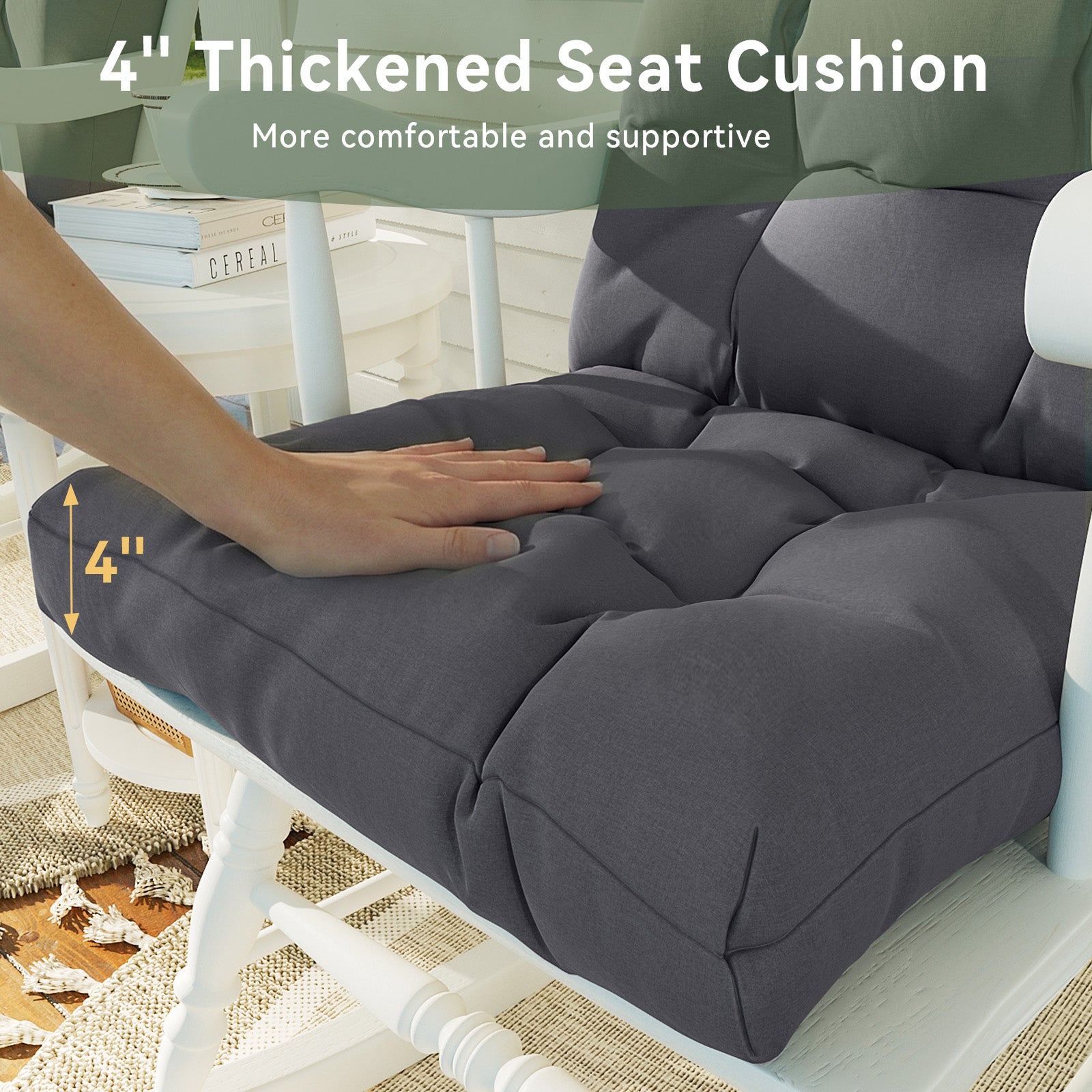 Aoxun Adirondack Chair Cushion, Indoor/Outdoor Rocking Chair Cushion with Ties, Thickened High Back Patio Chair Cushions with High Elasticity PP Cotton Water-Resistant, 2-Pack, Grey