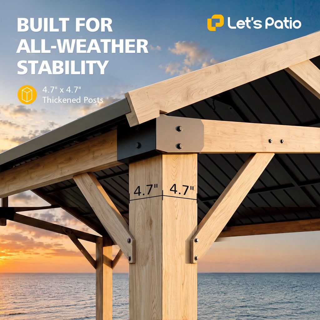 Wood Gazebo 12x16 Hardtop Gazebo with Gable Roof & Power Outlet Cedar Wood Permanent Pavilion with 4.7" Thickened Posts & Sturdy Hooks, Heavy Duty Outdoor Gazebo for Backyard, Garden, Deck