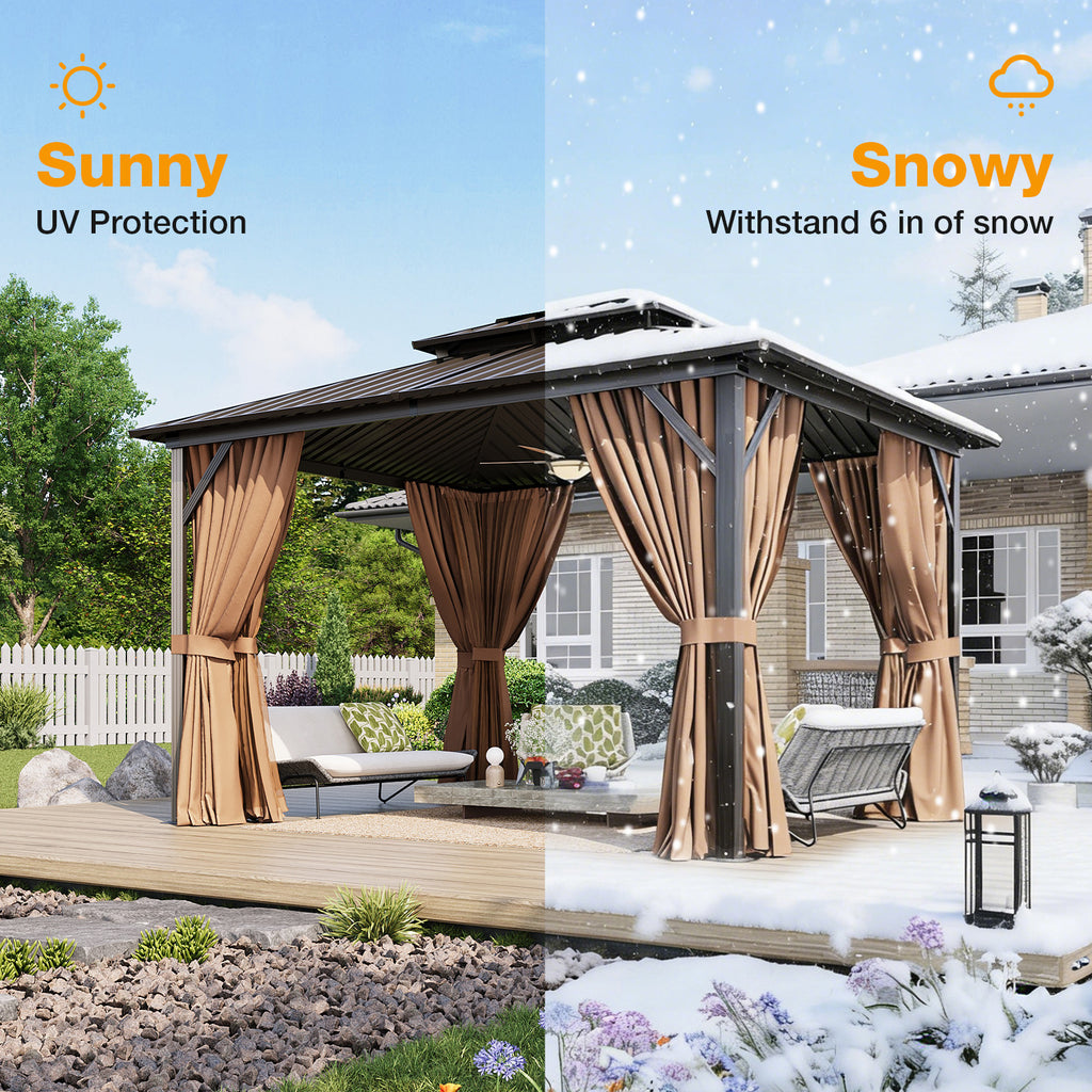 Breezestival Hardtop Gazebo, Metal Frame with Double Galvanized Steel Roof, Permanent Outdoor Pergola with Curtains and Netting Included for Backyard, Patio, Lawn and Garden