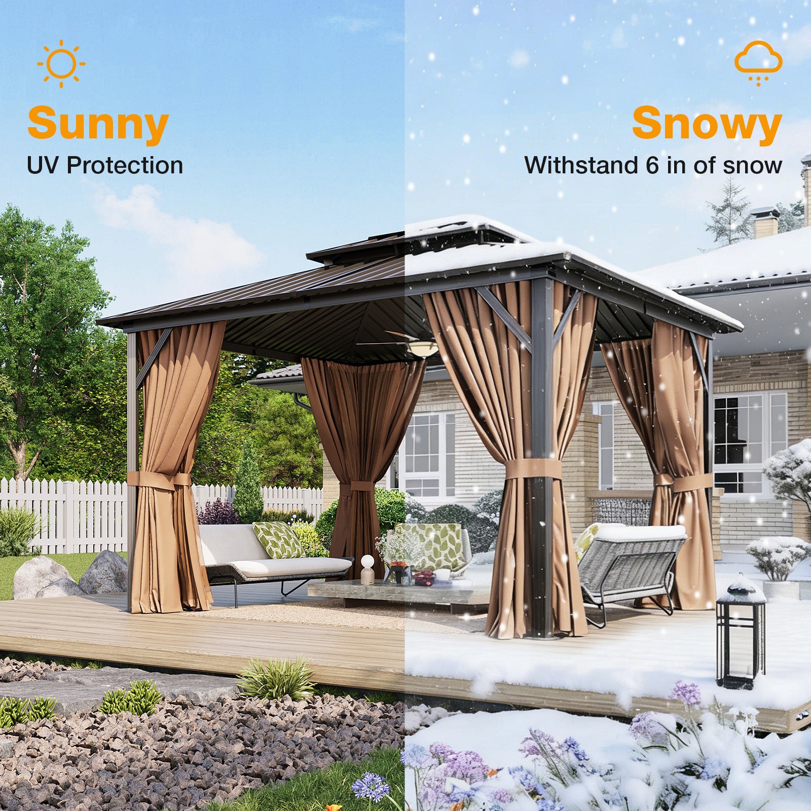 Breezestival Hardtop Gazebo, Metal Frame with Double Galvanized Steel Roof, Permanent Outdoor Pergola with Curtains and Netting Included for Backyard, Patio, Lawn and Garden
