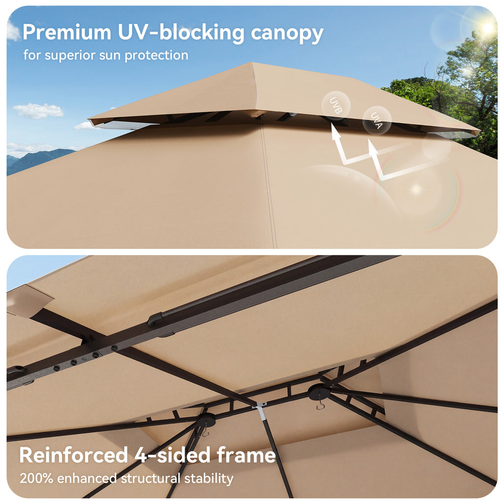 Breezestival 12'x10' Gazebo, Outdoor Gazebo Metal Frame Canopy with Double Roofs, Heavy Duty Patio Tent Shelter with Mosquito Netting and Privacy Screen for Backyard, Beige