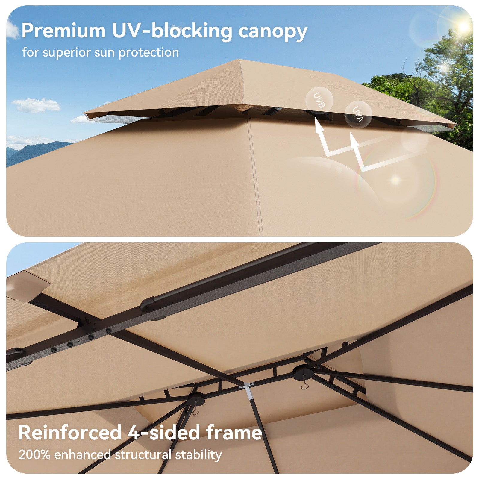 Breezestival 12'x10' Gazebo, Outdoor Gazebo Metal Frame Canopy with Double Roofs, Heavy Duty Patio Tent Shelter with Mosquito Netting and Privacy Screen for Backyard, Beige