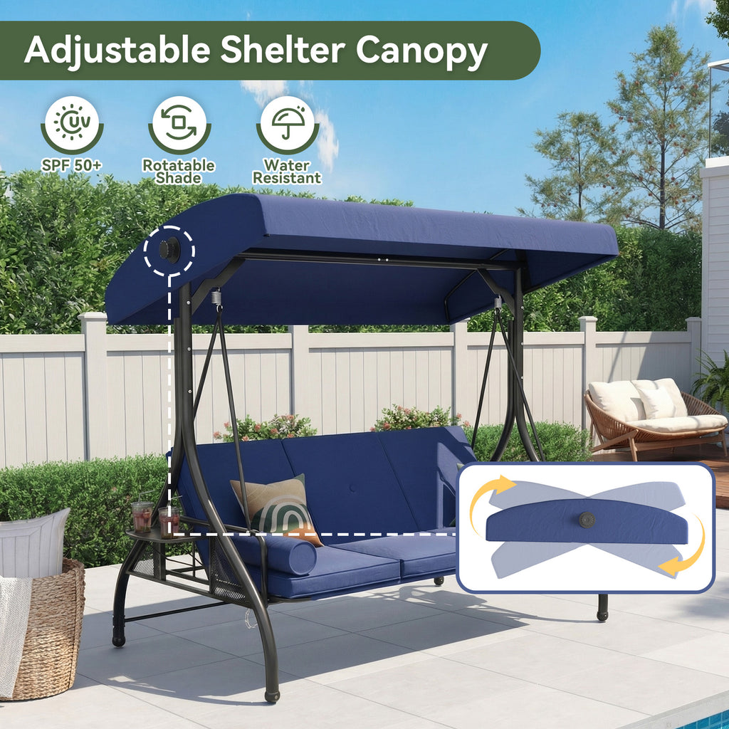 Aoxun Outdoor Porch Swing with Stand and Canopy, 3 Seats Outdoor Swings for Adults, Convertible 2 in 1 Swing Bed with Cup Holder, Patio Swings with Thicken Cushions for Garden, Yard & Balcony