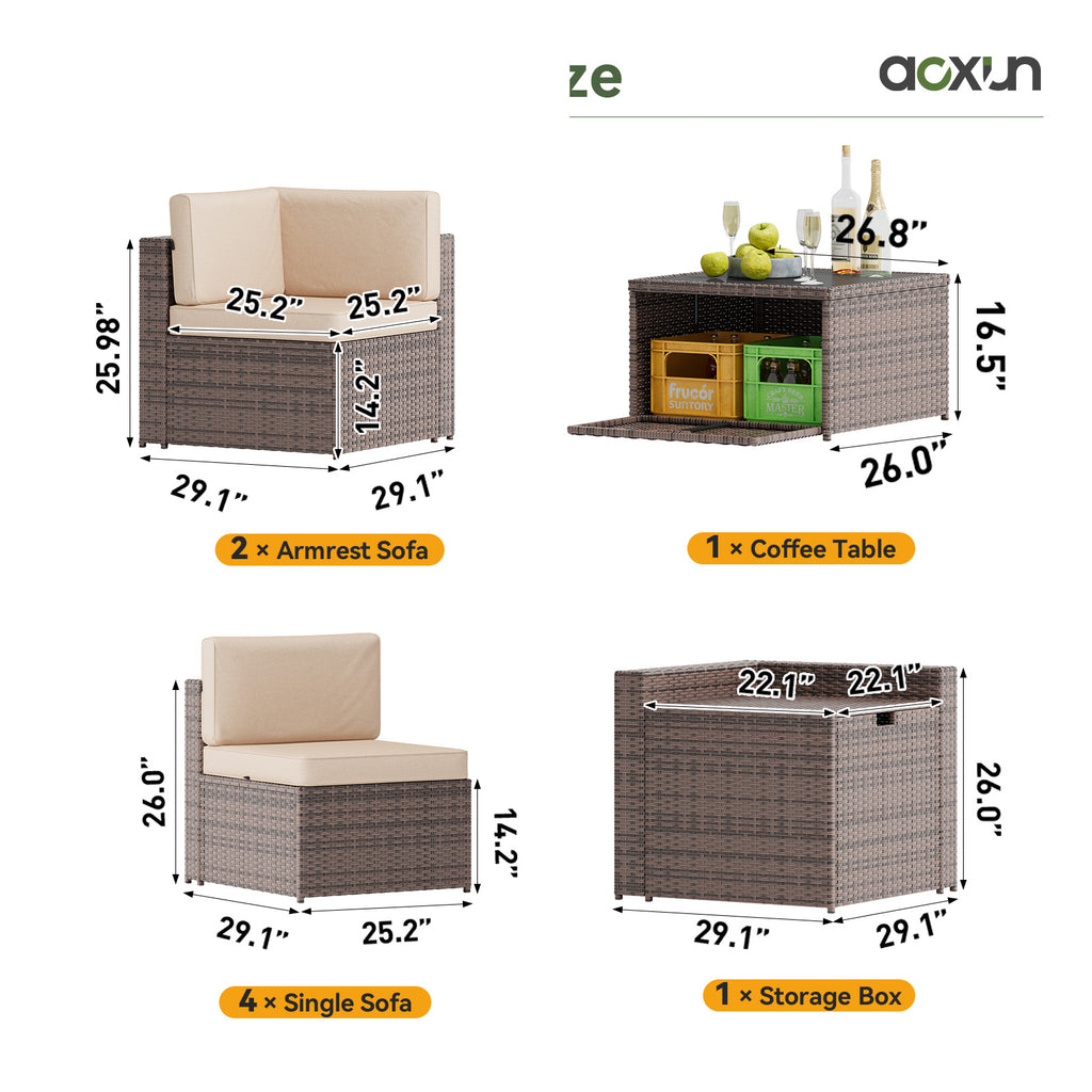 Aoxun 8 Piece Patio Furniture Set, Wicker Rattan Outdoor Furniture with Large Storage Table, Patio Conversation Sets with Waterproof Cover, Outdoor Sectional Sofa for Backyard