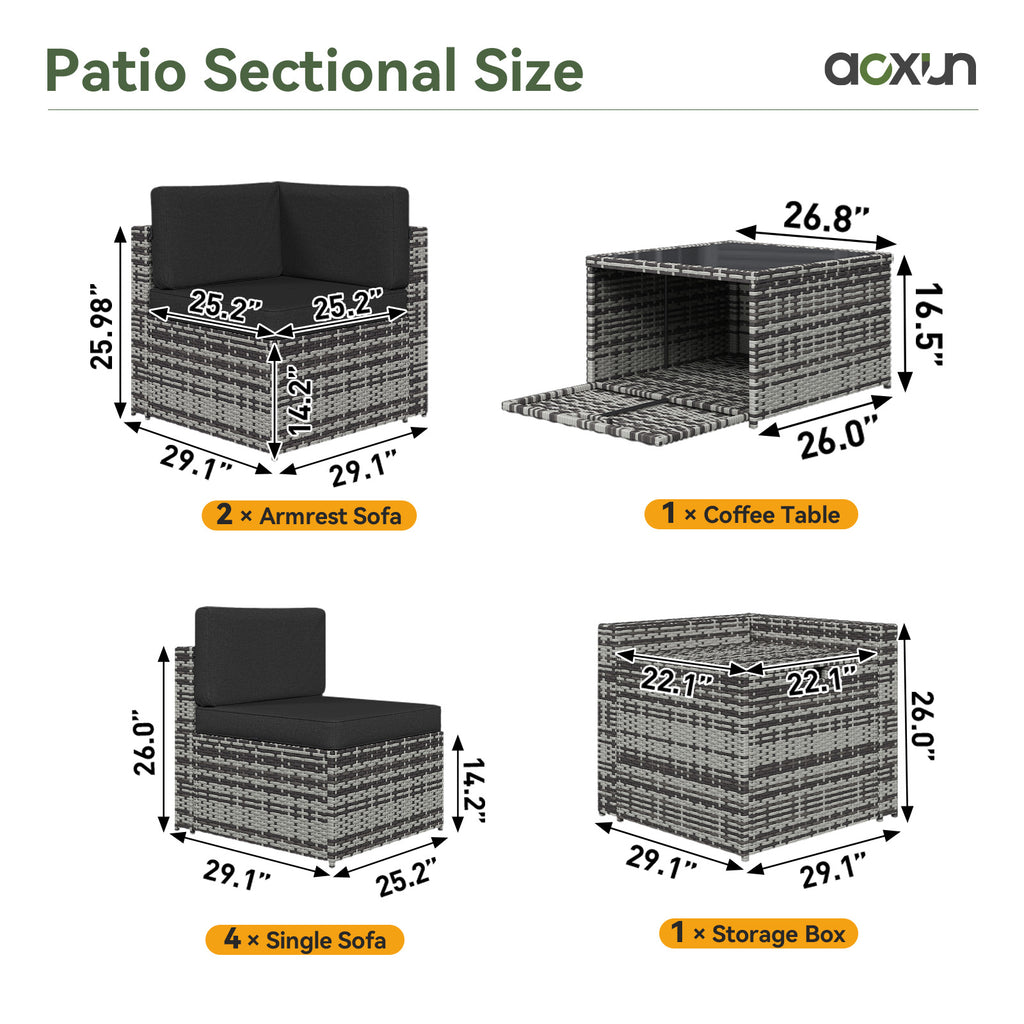 Aoxun 8 Piece Patio Furniture Set, Wicker Rattan Outdoor Furniture with Large Storage Table, Patio Conversation Sets with Waterproof Cover, Outdoor Sectional Sofa for Backyard