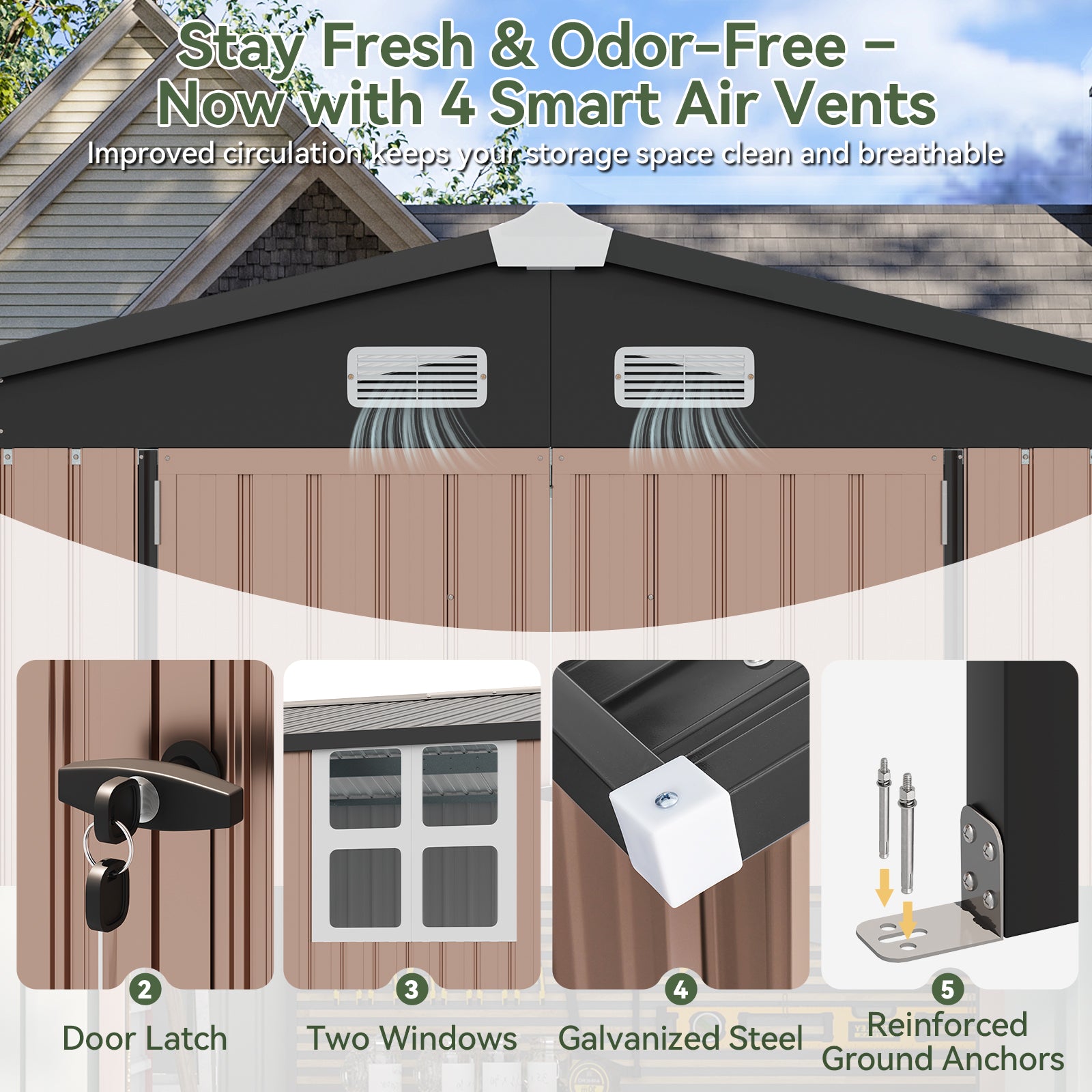 Aoxun 8x12 FT Outdoor Storage Shed Metal Sheds with Open Firewood Storage,Galvanized Steel Garden Shed with Lockable Doors,Sloped Roof,Windows, 2 in 1 Large Tool Shed for Patio, Backyard, Lawn (Brown)