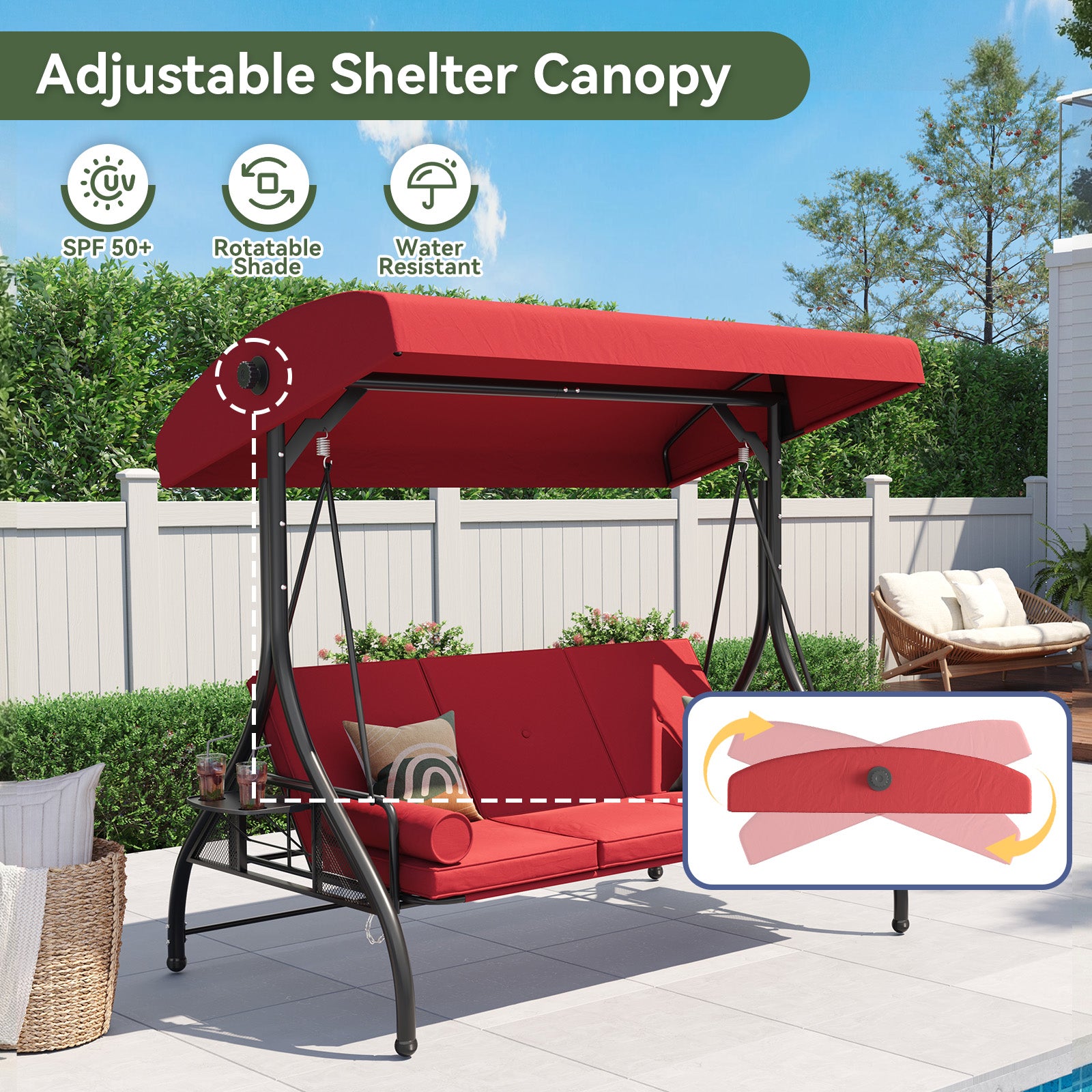 Aoxun Outdoor Porch Swing with Stand and Canopy, 3 Seats Outdoor Swings for Adults, Convertible 2 in 1 Swing Bed with Cup Holder, Patio Swings with Thicken Cushions for Garden, Yard & Balcony