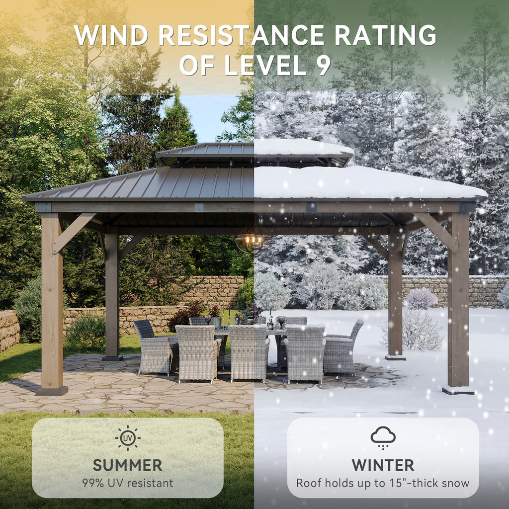 Aoxun 12' x 16' Outdoor Wood Gazebo, Hardtop Gazebo Permanent Wooden Pavilion with Galvanized Steel Double Roof, for Garden, Backyard, Patio, Cedar Wood, Grey