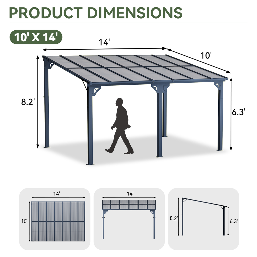 BinpLax 14x10 Lean to Gazebo with Polycarbonate Panel Wall Mounted Gazebo with Aluminum Top Frame Awing for Patio, Deck, Garden