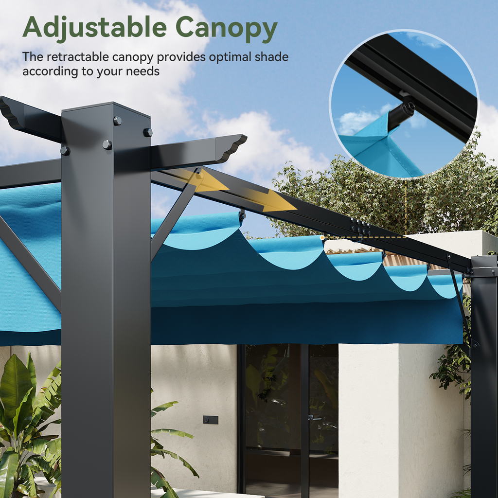 Aoxun 10x12 Outdoor Retractable Pergola with Upgraded Adjustable Canopy, Sliding Canopy | Powder-Coated Metal Frame | UV/Water-Resistant PA Canopy | Free-Standing Design | Blue