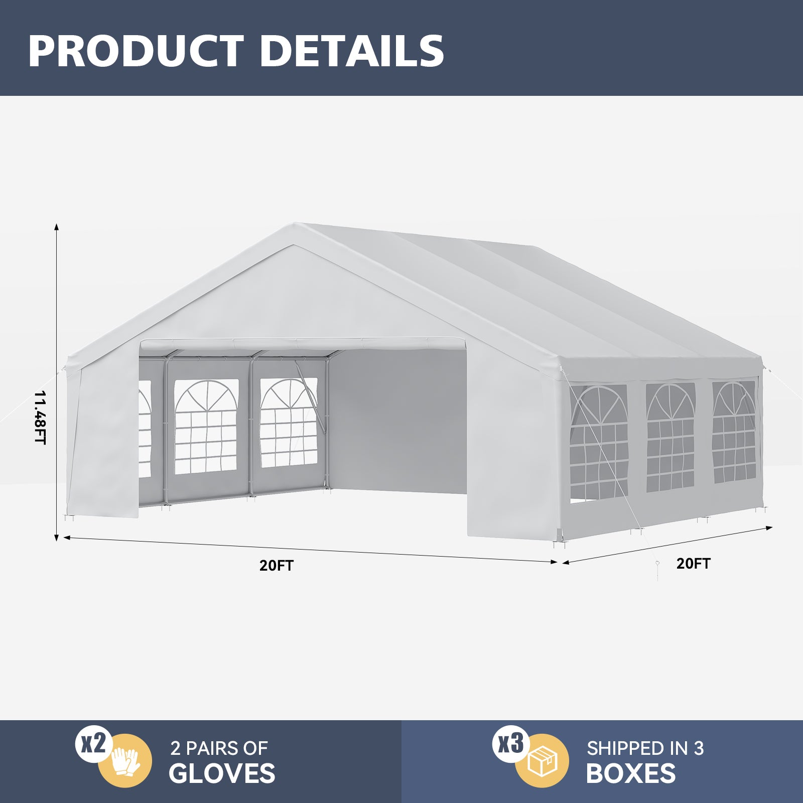Binplax Party Tent 20x20 Canopy Heavy Duty, Waterproof Outdoor Event Tent with Removable Sidewalls & Roll-Up Door, Portable Carport for Wedding, BBQ, Camping, Birthday Party