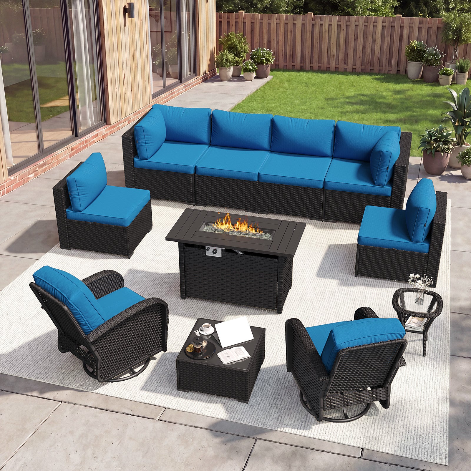Aoxun 11 Piece Outdoor Patio Furniture Set with 44'' Fire Pit Table, Wicker Rattan Outdoor Furniture with High Back Swivel Rocker Chairs, Outdoor Sofa Set with Thick Cushion & Side Table