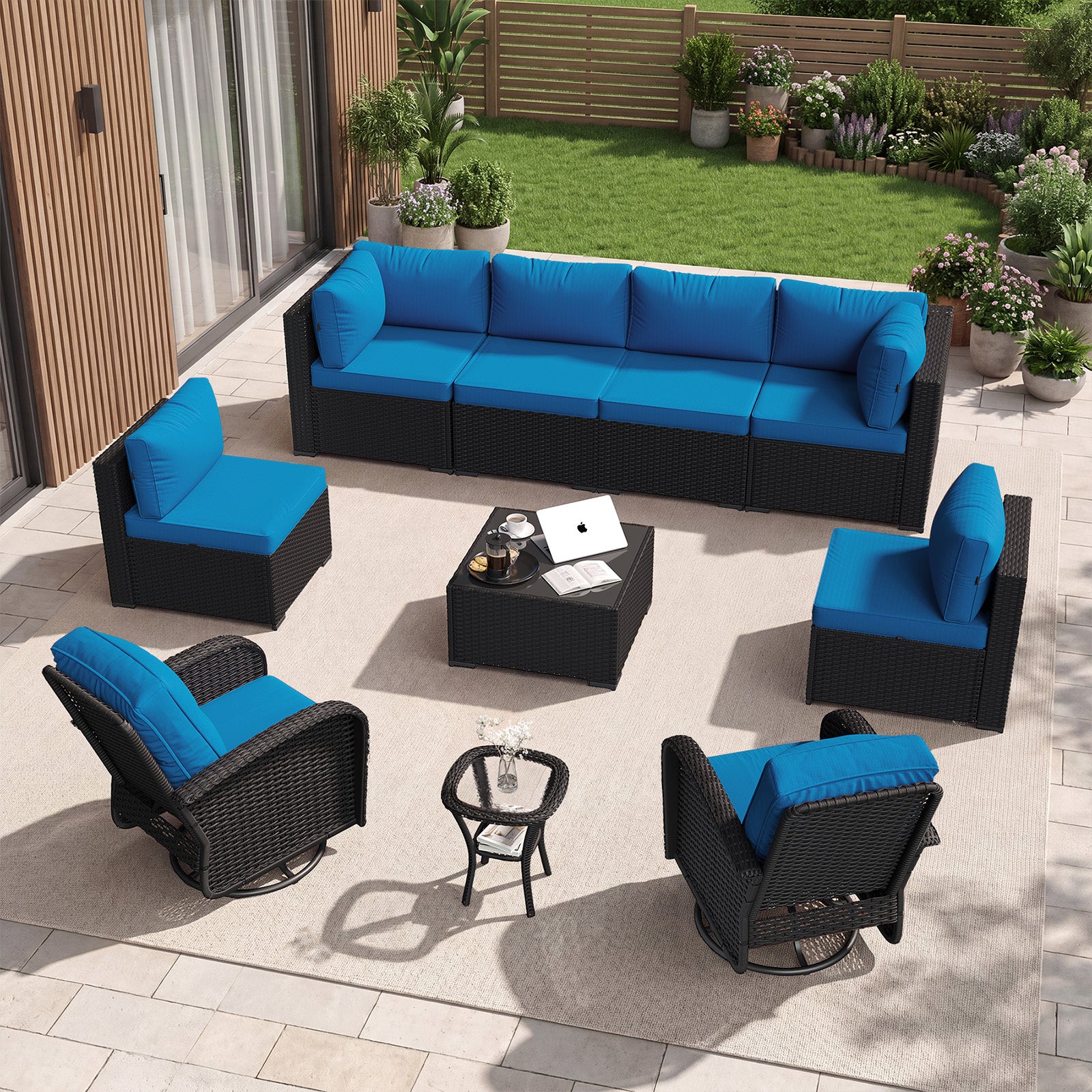 Aoxun 10 Piece Outdoor Patio Furniture Set with Coffee Table, Wicker Rattan Outdoor Furniture with High Back Swivel Rocker Chairs, Outdoor Conversation Set with Thick Cushion & Ottoman