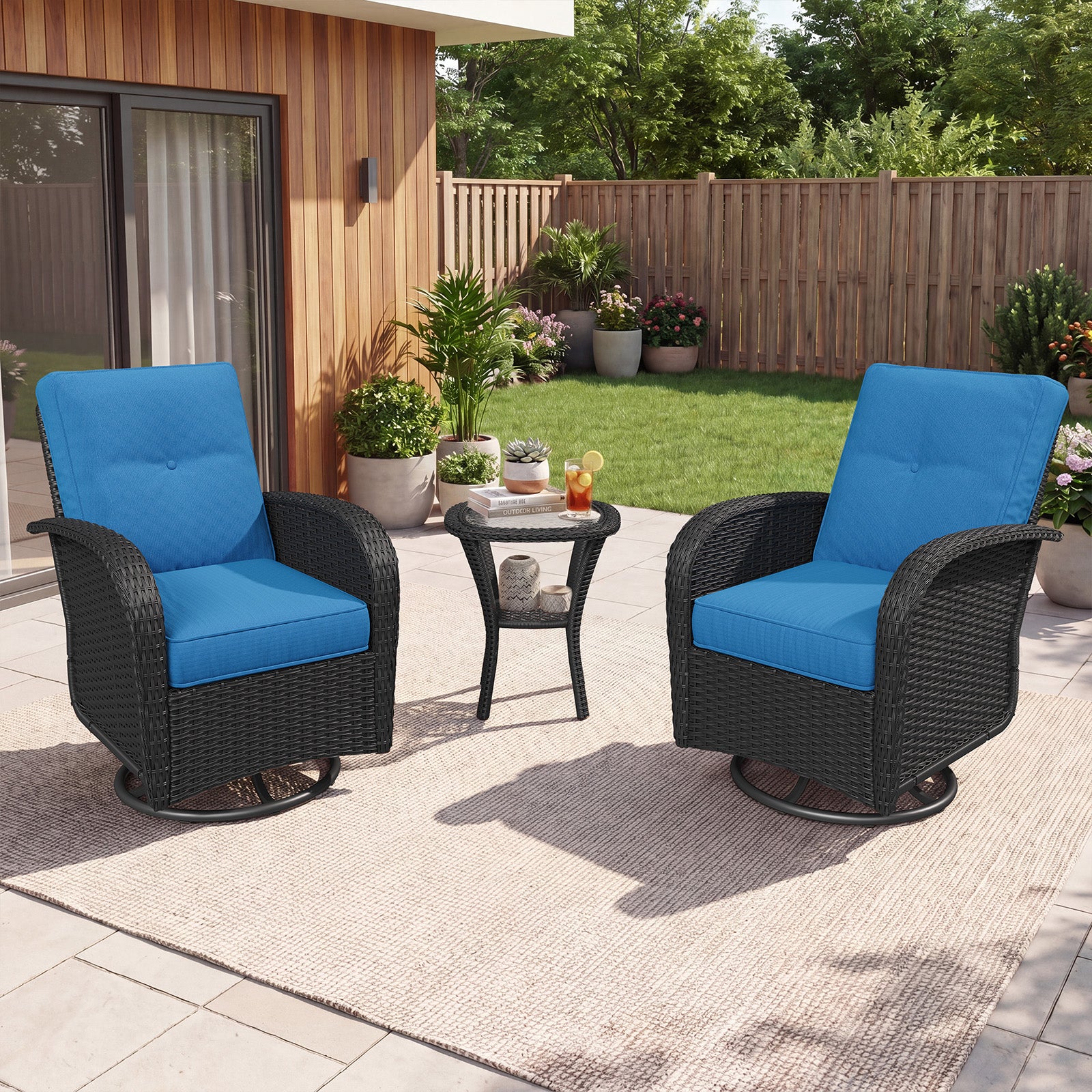 Aoxun 3 Piece Outdoor Patio Furniture Set with Side Table, Outdoor Patio Furniture Sets with High Back Swivel Rocker Chairs, Outdoor Sofa Set with Ottoman for Backyard & Garden