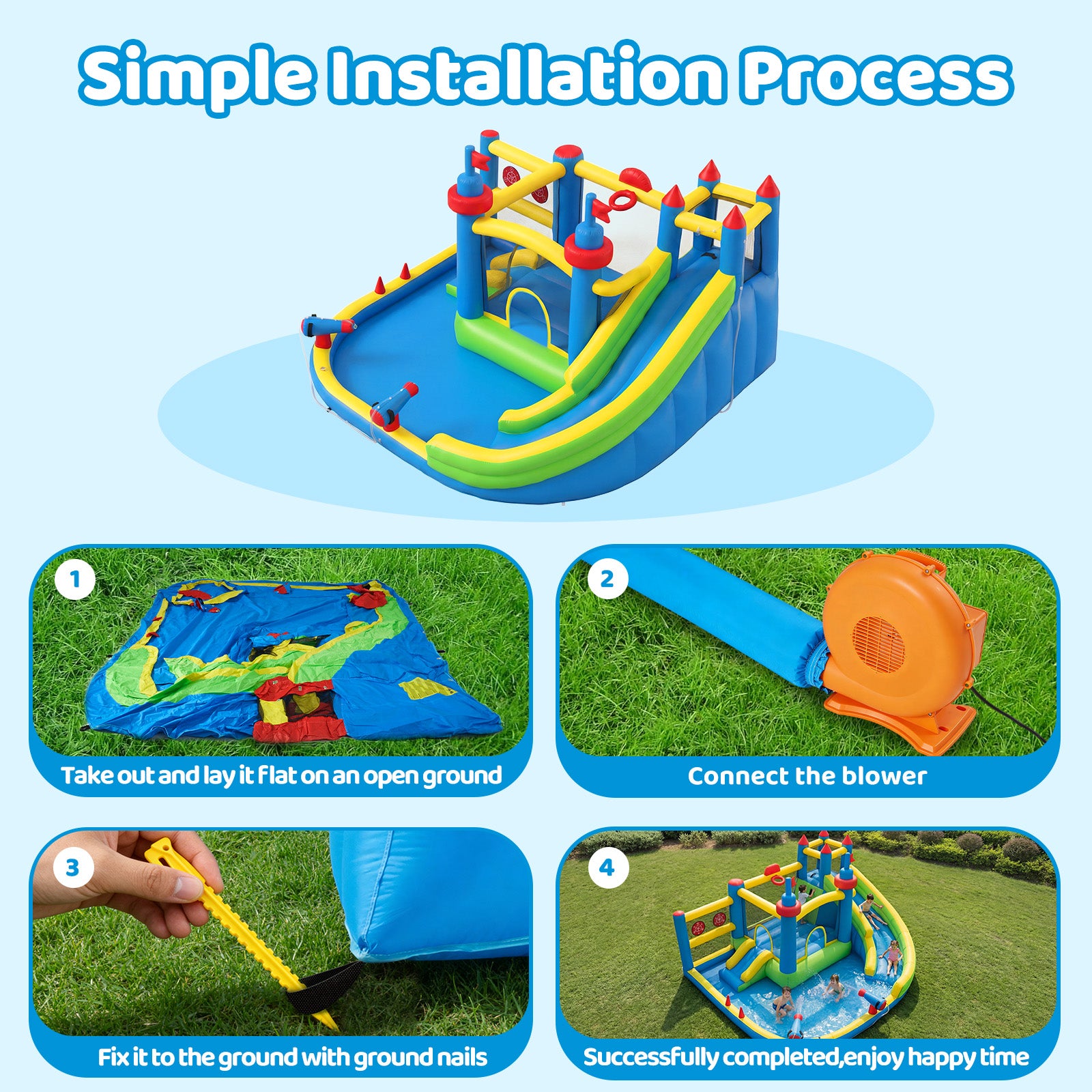 SunSwell Inflatable Water Slide for Kids Backyard with 450W Blower, Jumping Castle with Water Slide, Water Park Bounce House for Indoor and Outdoor Activities