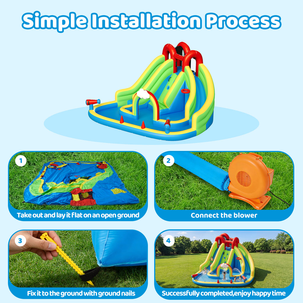 Inflatable Water Slide for Kids Backyard with 450W Blower, Jumping Castle with Water Slide, Water Park Bounce House for Indoor and Outdoor Activities