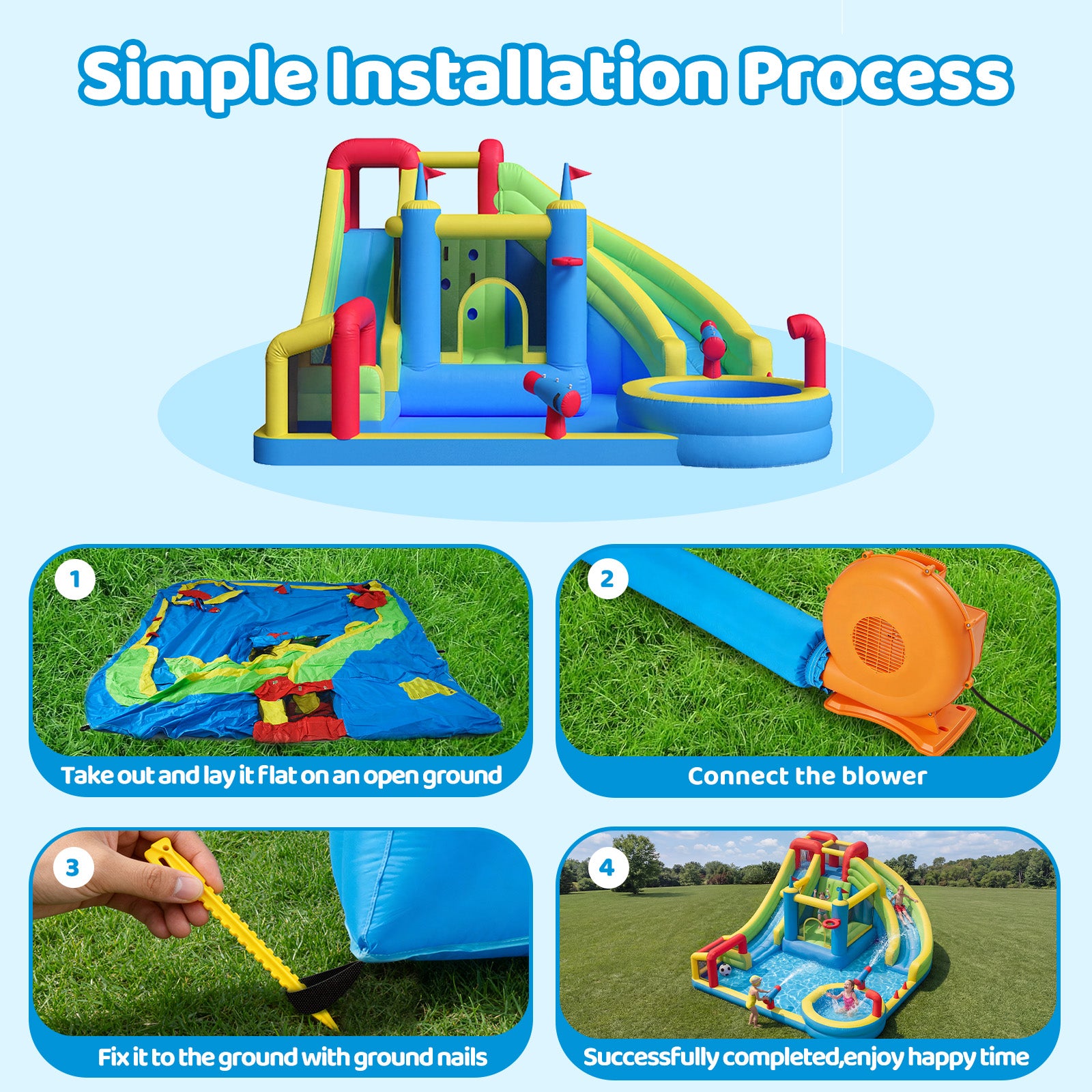 SunSwell Inflatable Water Slide for Kids Backyard with 450W Blower, Jumping Castle with Water Slide, Water Park Bounce House for Indoor and Outdoor Activities