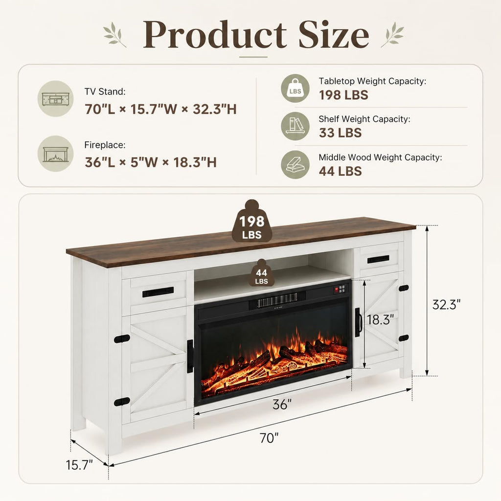 Nordivale Fireplace TV Stand with Barn Door, Farmhouse Fireplace Entertainment Center with Electric Fireplace and Storage for Living Room, 70inch, White