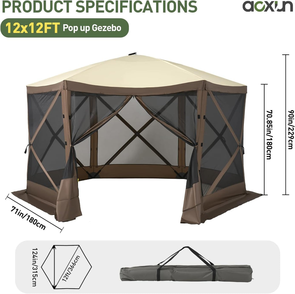 Aoxun 12x12FT Pop Up Canopy Tent, 6-Sided Pop-up Gazebo Screen Tent with Mesh Windows, Outdoor Canopy Shelter Tent with Carrying Bag, Large Shade Tents for Camping, Backyard, Patio, Lawn, Brown